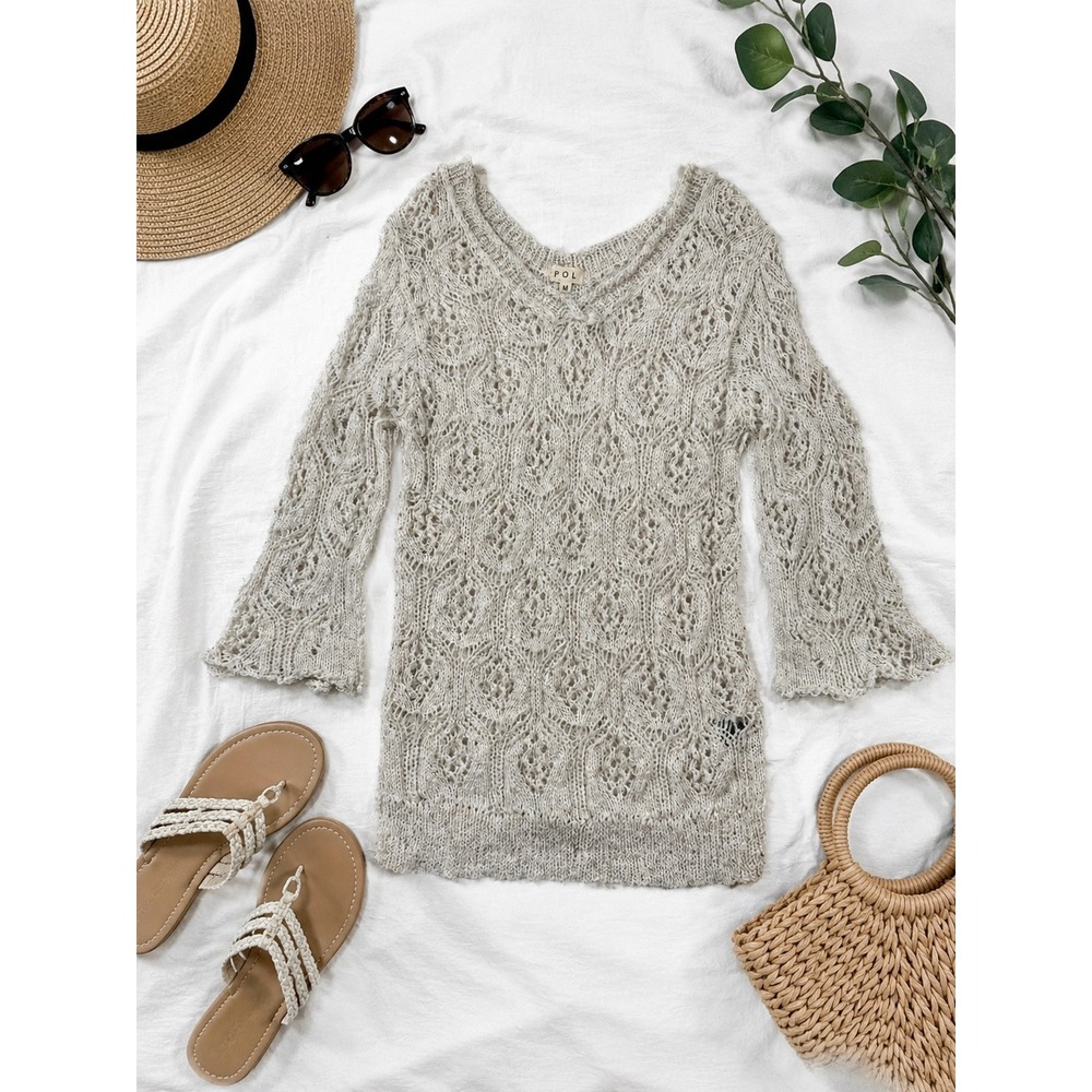 POL Crochet crochet Knit Bell Sleeve Sweater dress Oatmeal Beige M cover up